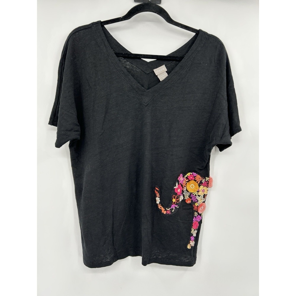 Chicos Womens 100% Linen Embroidered Boho Artsy‎ Top Sz M 3D Floral Elephant